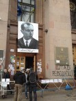 A portrait of Nazi collaborator Stepan Bandera hanging over the entrance to Kiev city hall. 